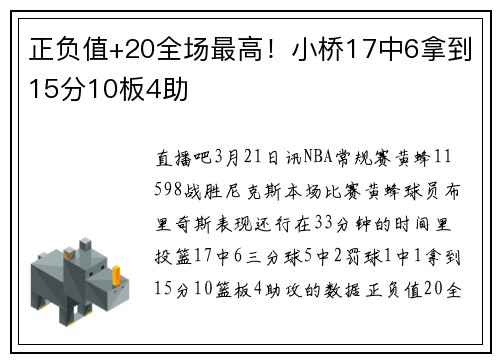 正负值+20全场最高！小桥17中6拿到15分10板4助