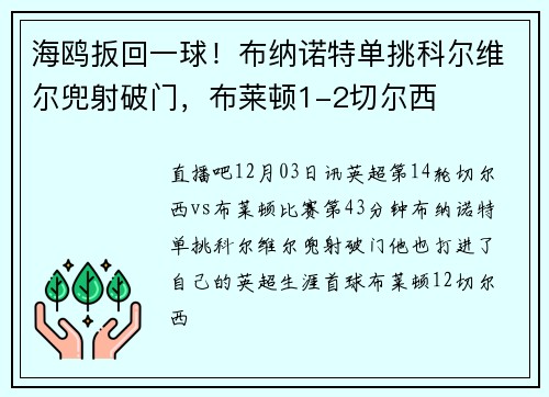 海鸥扳回一球！布纳诺特单挑科尔维尔兜射破门，布莱顿1-2切尔西